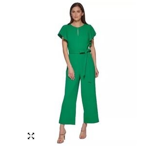 DKNY‎ | Women's Green Flutter Sleeve Wide Leg Belted Elegant Jumpsuit, Size 14